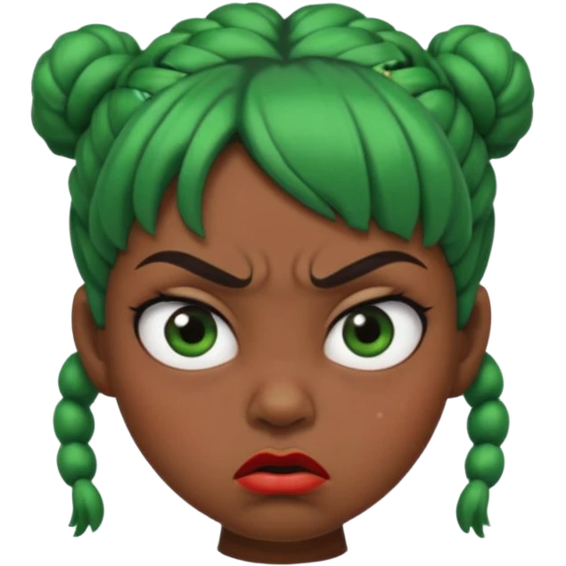 Create a 3D cartoon-style girl character with dark skin, round face, angry expression, big wide eyes, and tightly styled double buns made of green beaded hair. The girl should look irritated, eyebrows sharply angled, and lips pressed in a frown. emoji