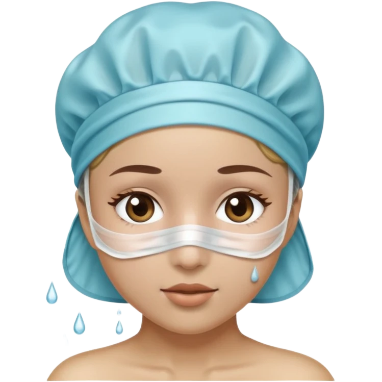 A beautiful girl with a face mask and a shower cap on her head emoji