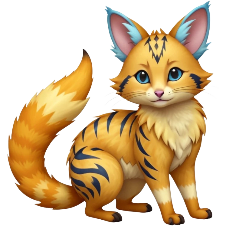 Realistic elegant sunburnt mango-saffron fur shattered by electric sky-blue zigzag scars beautiful elegant pretty precious cute  Fakémon-Pokémon-opossum-feline-serval-caracal-chinchilla-Furret-Minccino-hybrid-creature with a big fluffy bushy tail (full body) emoji