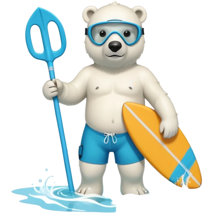 friendly anthropomorphised polar bear standing out of the pool, wearing surf board shorts and a scuba mask with snorkel emoji