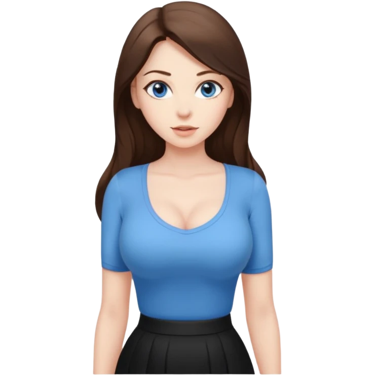 sexy woman brunette, very large breasts, pale skin, blue eyes, long brown hair, tight white blouse, short black skirt. office.  emoji