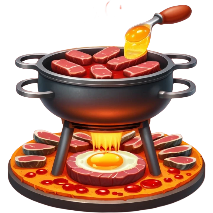 Iron-rich foods (liver, steak, sardines, dark chicken meat, egg yolk) surrounding a glowing forge that transforms them into bright red blood cells. The blood cells carry tiny oxygen molecules throughout a luminous outline of a body, bringing energy to muscles and vital organs. emoji