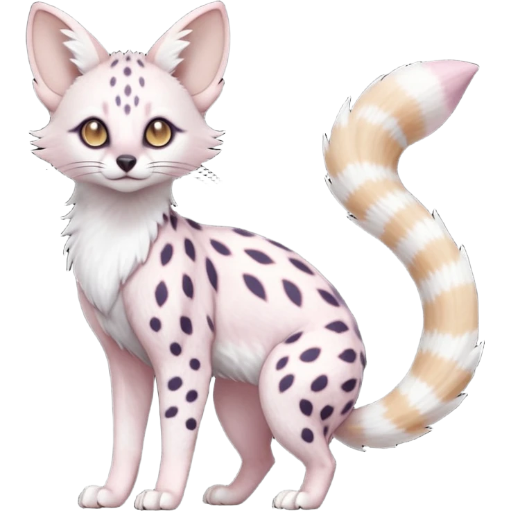 White Albino pastel whitish grey-spotted Serval-Civet-Genet-Trico-Furret-Linoone-Noibat-Espeon-Fakémon-Pokémon-animal-hybrid-fusion-creature (full body) with vibrant glowing eyes, cute, elegant, soft, realistic, pastel fur emoji
