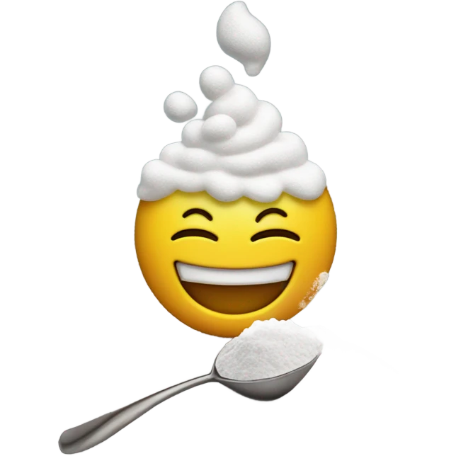 Yellow, smiling face with powdered sugar on his face with a spoon, and below with powdered sugar on it, connected to a lighter with fire  emoji