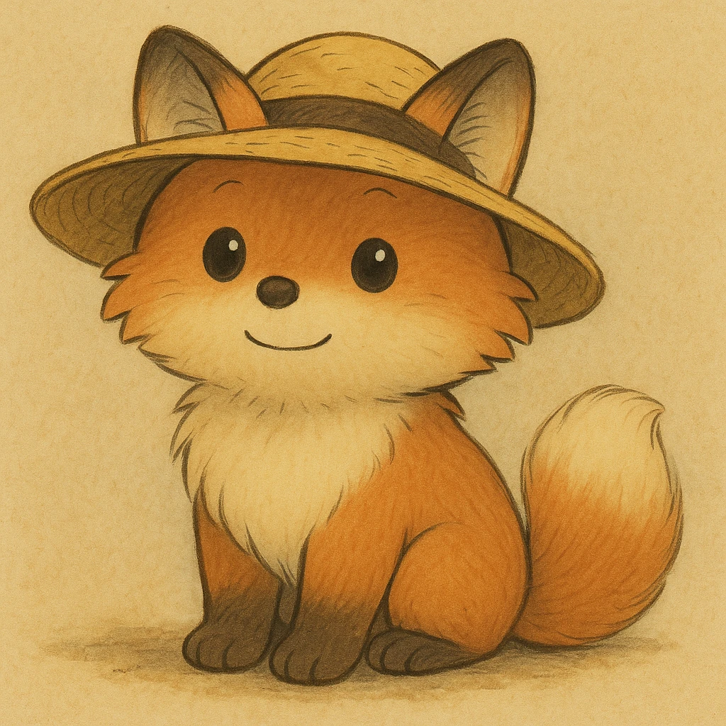 A cute, fluffy fox with a round head in the style of Studio Ghibli, wearing a hat. emoji