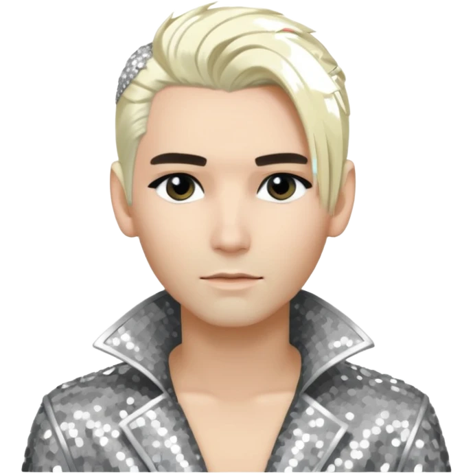 Bill Kaulitz with platinum blonde hair, silver sequin outfit  emoji