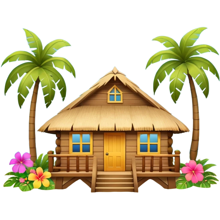 Hawaiian beach house, small tropical house, wooden walls, thatched roof, colorful flowers, palm trees, cute mobile game icon, 3D cartoon, bright colors, soft shadows, clean background, no text, no watermark emoji
