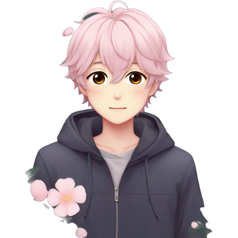 Gorgeous pastel anime style shojo guy with blushing face and flowers aesthetic trending style outside emoji