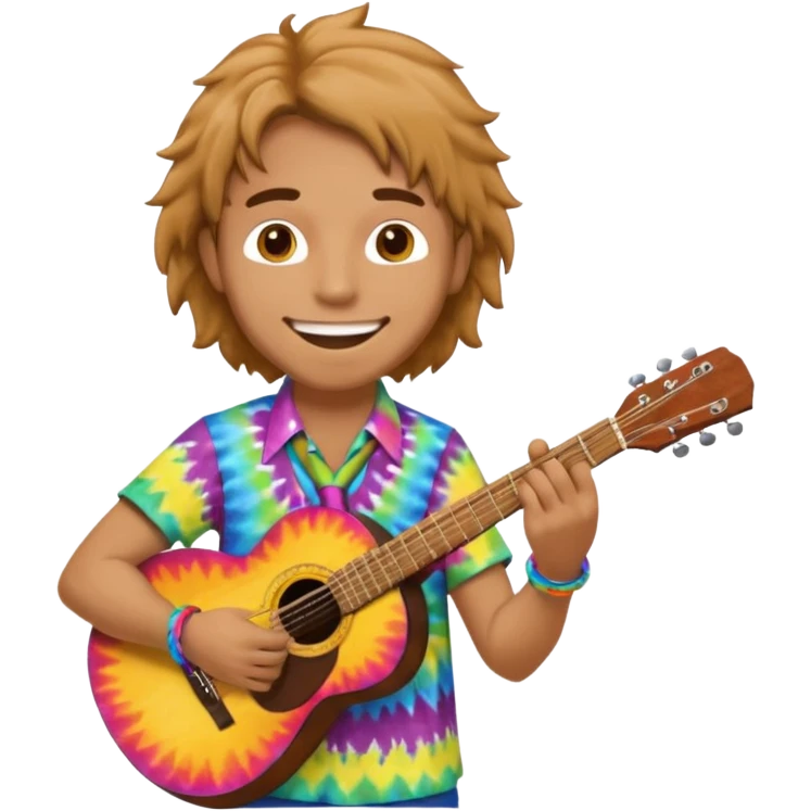Smiling hippy playing guitar with colorful clothes.



























 emoji