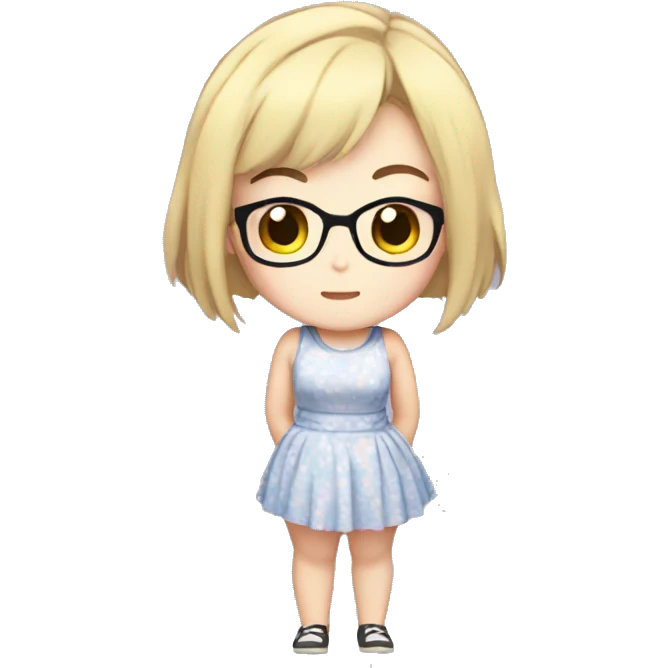 Chubby anime girl with glasses and short blond hair, full body wearing cute dress emoji