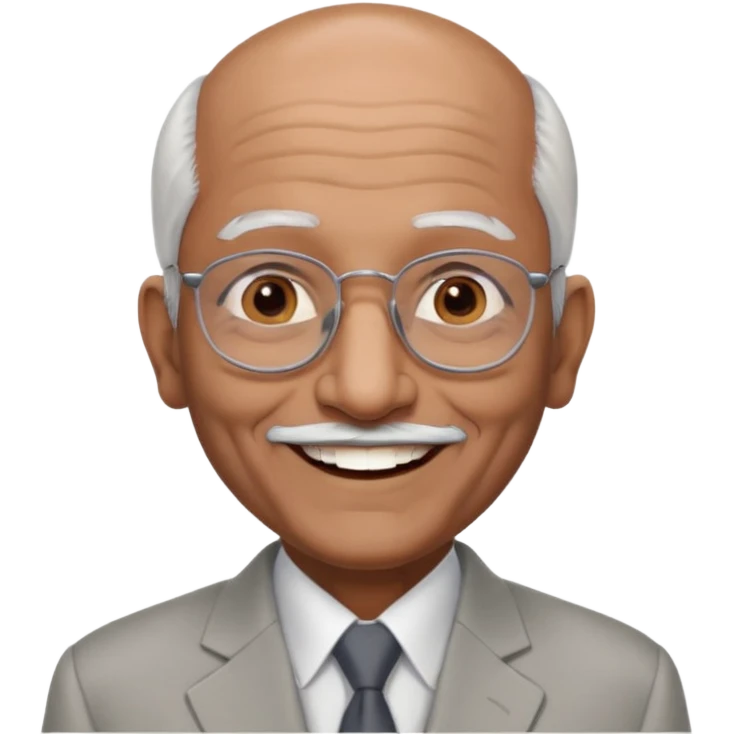 70 yr old indian man, almost bald, some white hair, light grey business suit, big smile, dark brown skin, no moustache, dark brown eyes, glasses
 emoji