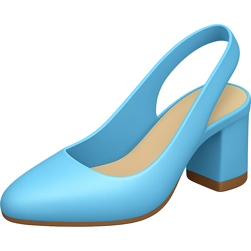 Edit the image to depict a light blue slingback women's shoe with a slightly flat, very thick heel in the style of Apple emojis. Ensure the background is transparent. emoji