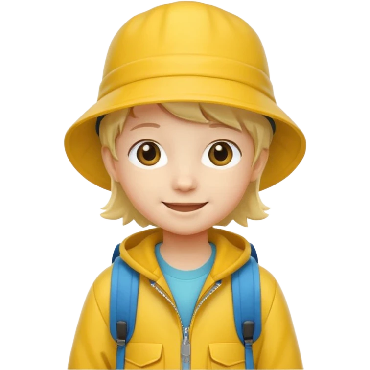 Little student wears yellow bucket hat and jacket, backpack, happy emoji