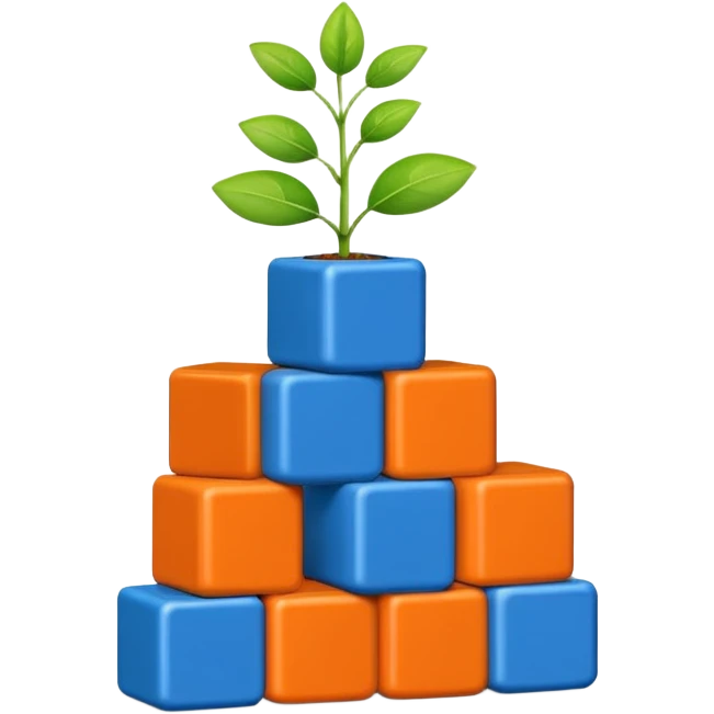 Три разноцветных строительных кубика (синий и оранжевый), сложенных друг на друга, из верхнего кубика растет маленький зеленый росток. Символ начала и роста. emoji