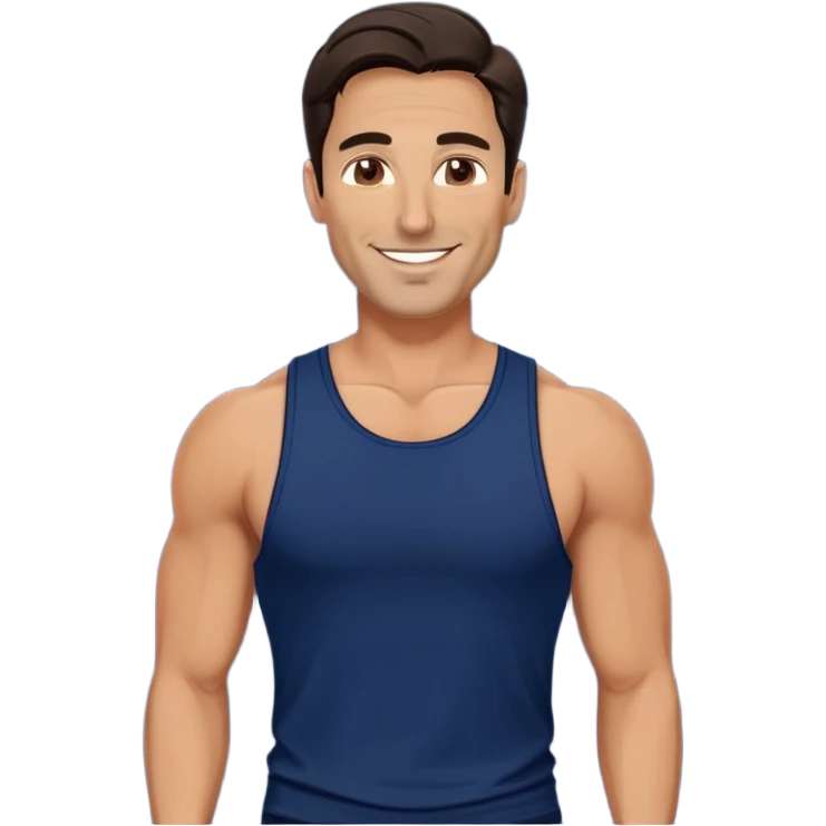 Fit 40-year-old man with tanned skin, long face, chiseled jawline. Attractive features with dark eyes, well-defined arched eyebrows, straight nose. Confident smile. Medium-length wavy dark hair styled in contemporary fashion. Wearing a dark blue tank top. emoji