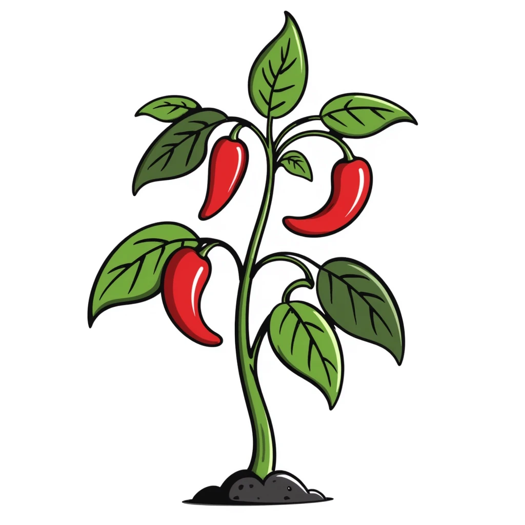 Hand drawn pepper plant with green leaves and red chili peppers emoji