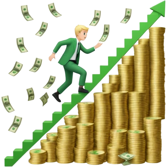 Emoji-style 3D illustration of a person climbing stairs made of money labeled “$10K” and “$20K”, with confetti and upward green arrows, bright optimistic lighting emoji