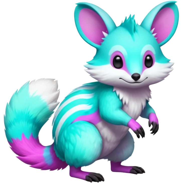 Iridescent Neon Green-Cyan-Magenta- Minccino-Emolga-Numbat-Sergal-fusion-hybrid-animal-creature, full body emoji