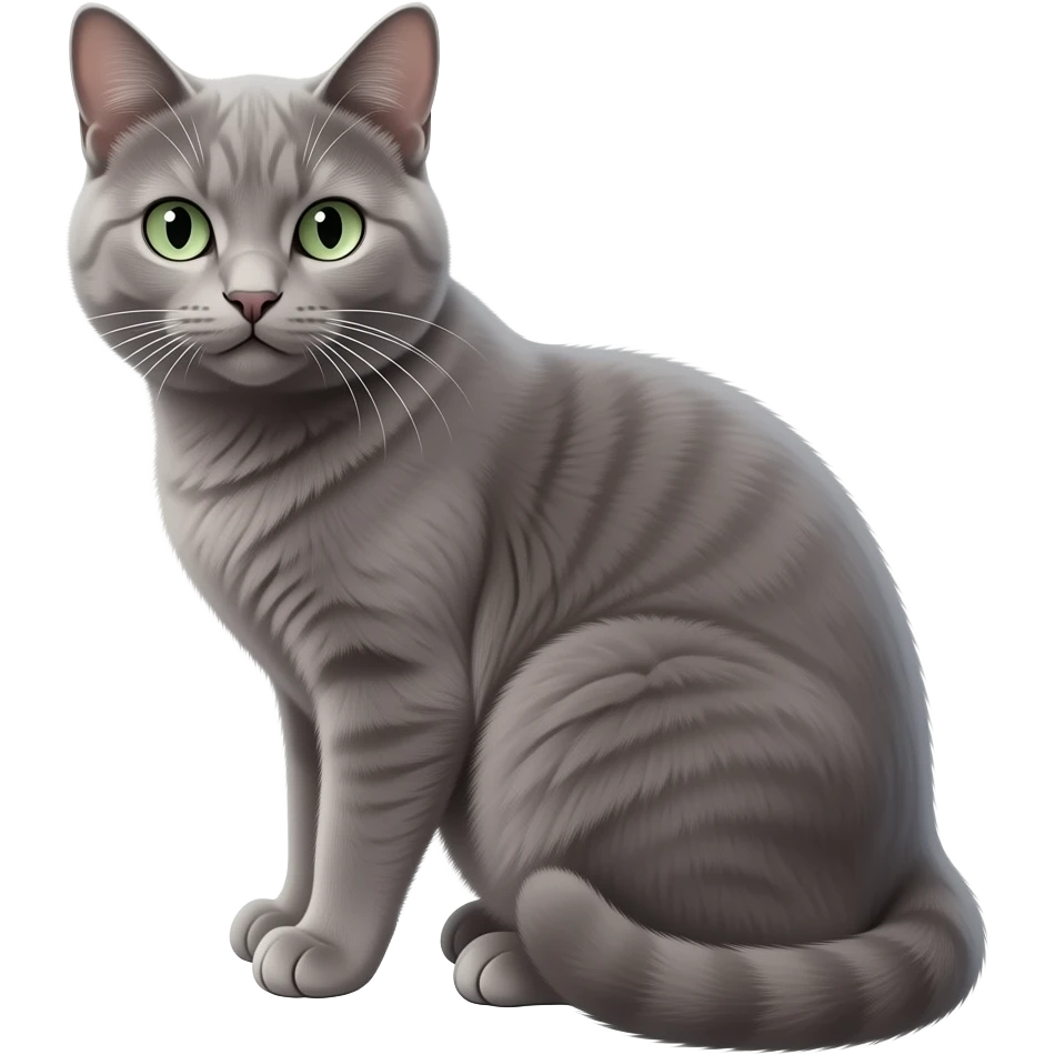 Realistic beautiful pretty straight-sitting jade-eyed gray cat, back facing to the left, facing the viewer emoji