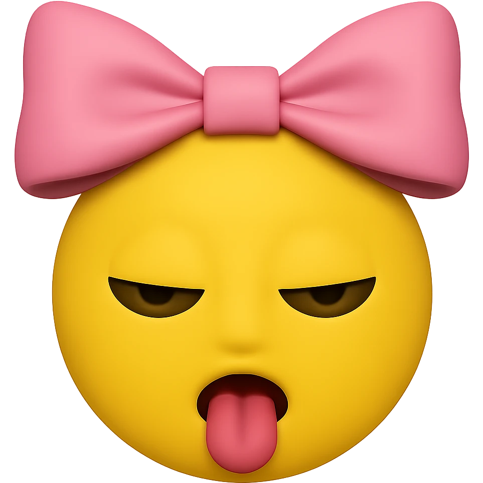 Edit the image to remove the hair and make the skin yellow. Keep the tongue out, eyes closed, and the bow on the head. The style should resemble emoji style. Remove the background completely. emoji