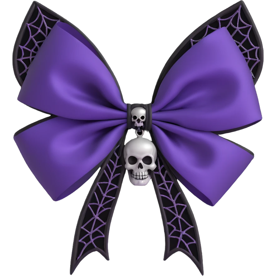 gothic bow with deep purple satin, silver skull charm, black gemstone center, and lace spiderweb overlay, luxurious and gothic emoji