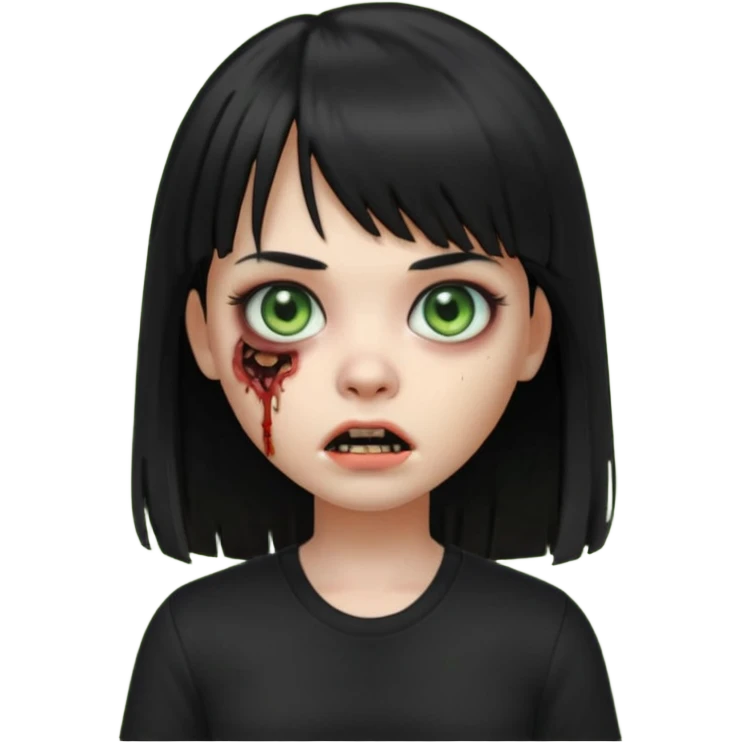 uma garota zumbi no formato Memoji da apple com o cabelo cumprido, preto liso e com franja, blusa preta emoji