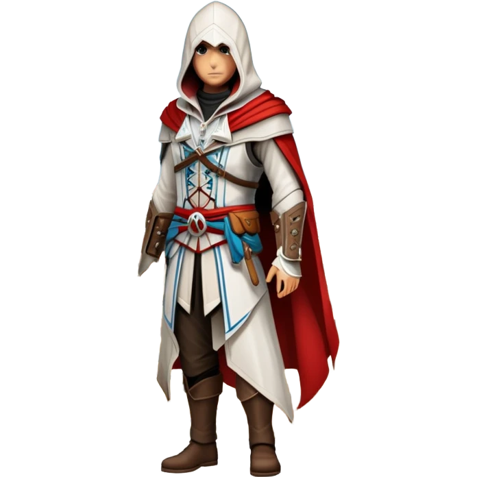 icon featuring Assasin's Creed in an iconic assassin's hood, standing tall against the backdrop of Florence. The design captures the essence of adventure, with intricate details of historical architecture and a sense of mystery. The character is poised, ready for action. transparent background. emoji