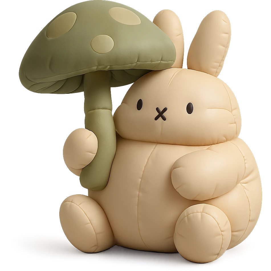 chubby bunny holding a mushroom umbrella, pastel beige and moss green, cushion style emoji