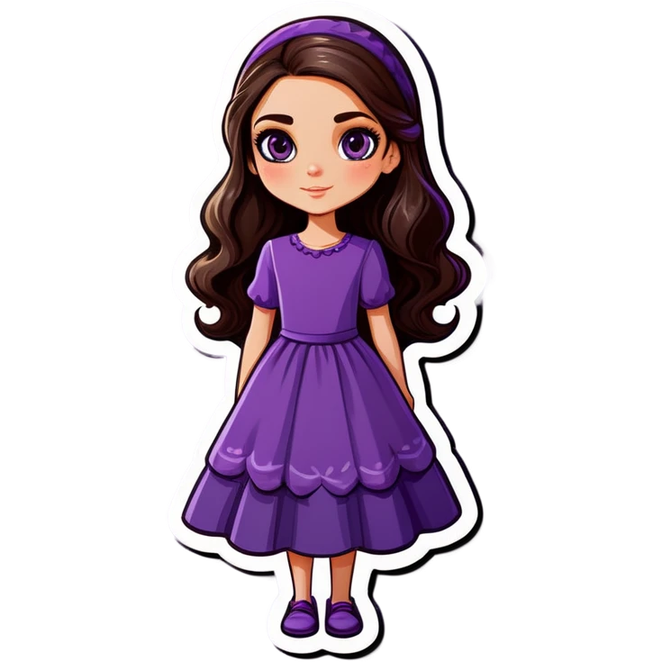 White girl with long dark brown hair in a purple dress emoji