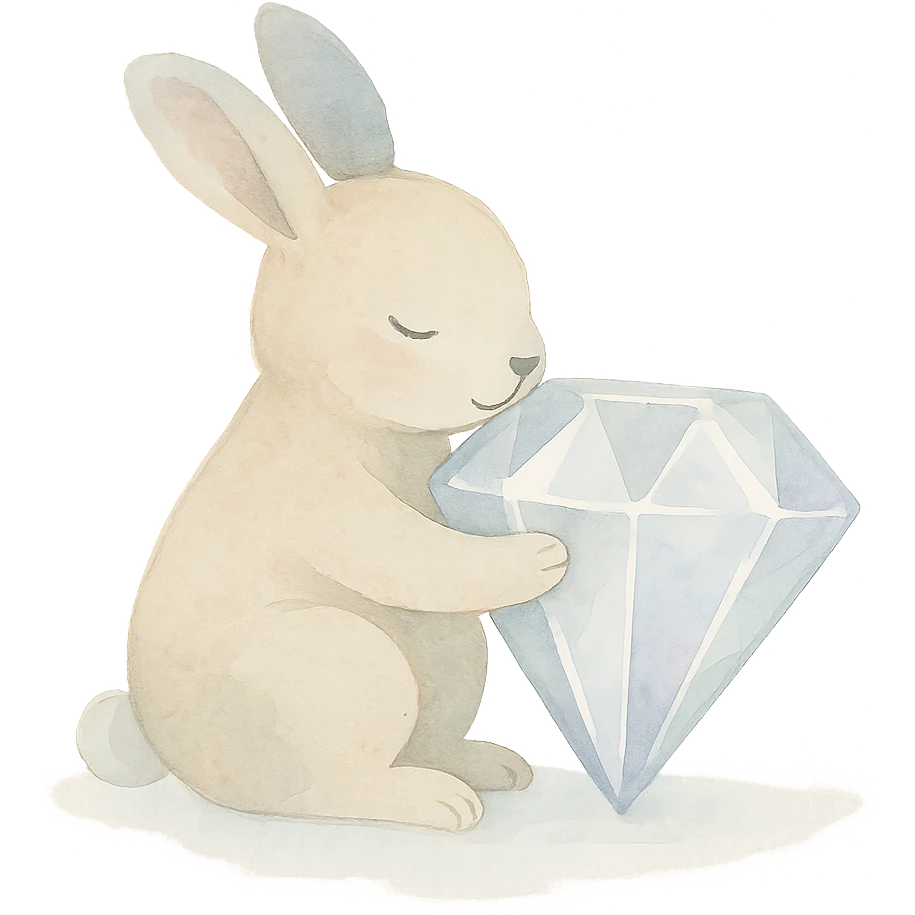 small bunny hugging a shiny diamond, watercolor illustration, light washes, dreamy effect emoji