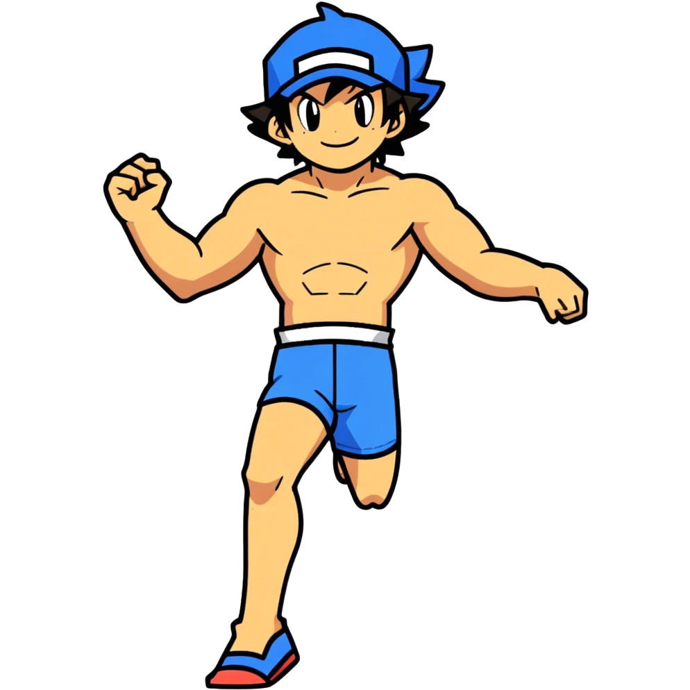 Hot handsome muscular 6ft 5inch tall smiling happy fun shirtless Ash Ketchum realistic dancing to techno with two best friends in short swimwear emoji