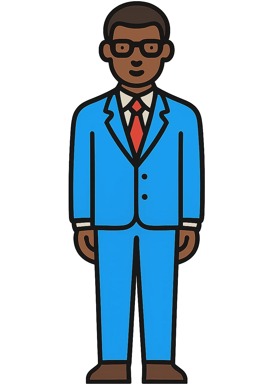 a dark-skinned man in a suit with glasses, full-length emoji