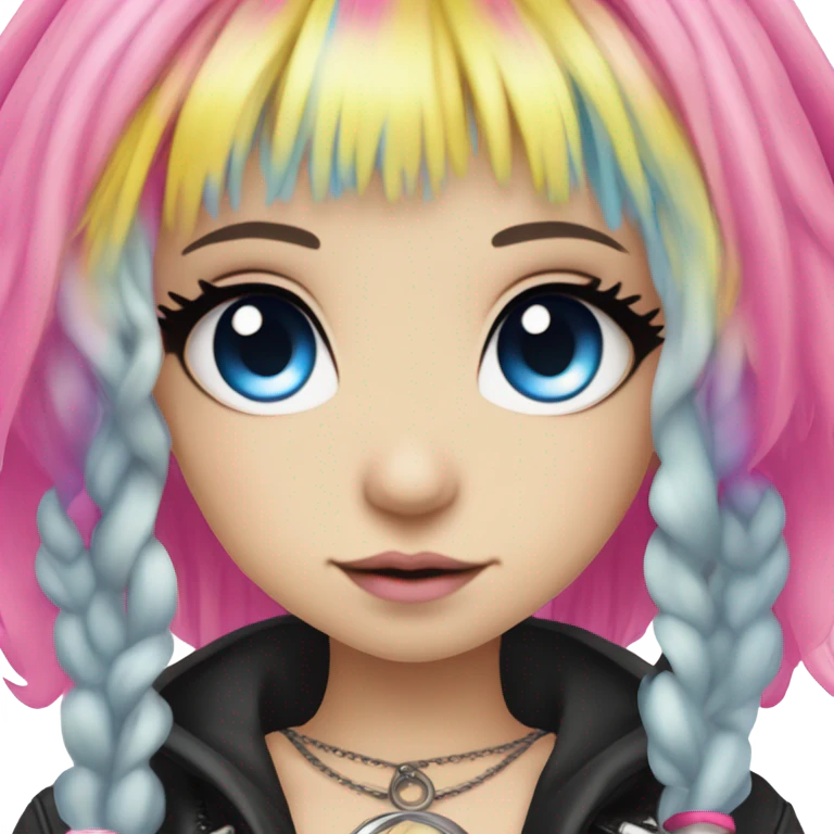 Blue eyed long eye lashes pout blonde and pink hair pale hime gyaru girl, hot pink and yellow split-dyed hair, nose ring, elf ears, dark makeup, punk clothes emoji
