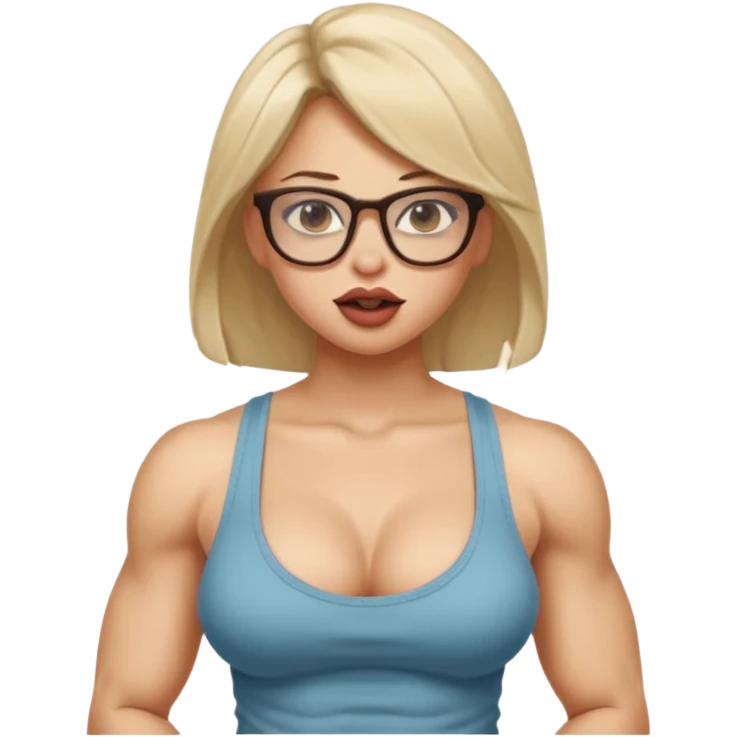 Girl, glasses, biting lips, muscular, pulling off tank top, big naked tits emoji