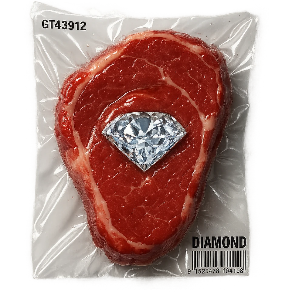 meat steak with sparkling diamond facets, glossy and puffy, no background emoji