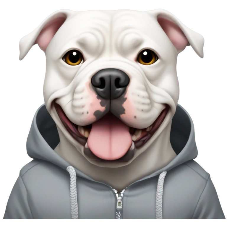 White American bully dog with grey patch over left eye wearing a hoodie  emoji