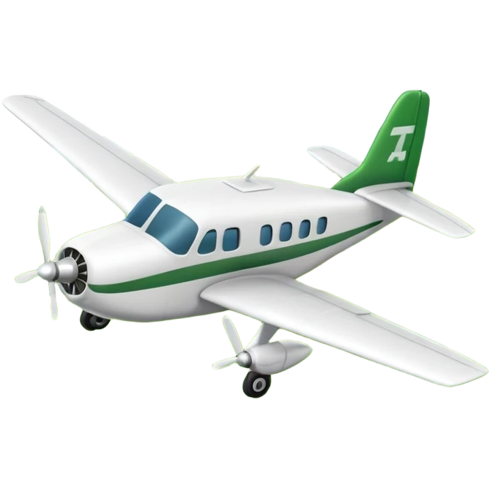 A 3D cartoon small twin-propeller airplane flying low over fields, gentle lighting, bright background, Memoji-style rendering. emoji