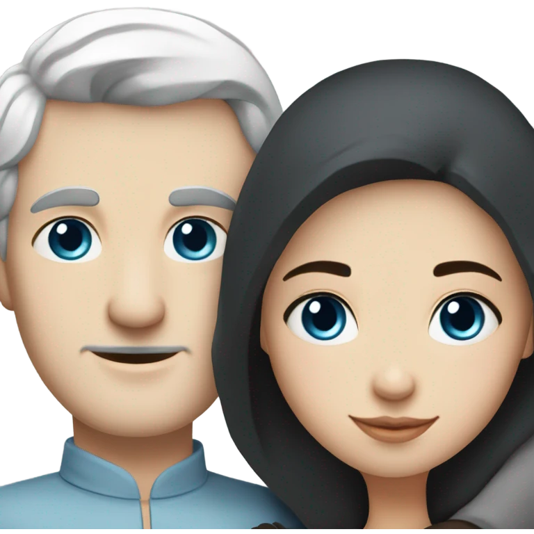 A Russian man with white skin with brown eyes and black hair hugs a Russian woman with white skin with blue eyes and white hair emoji