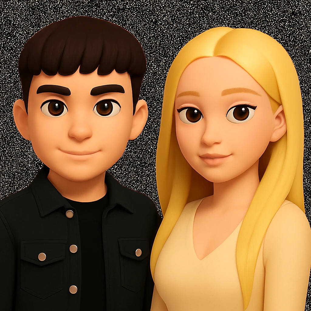 Slightly increase the volume of the upper body of the girl and move the girl away from the boy, preserving the style of the image. emoji