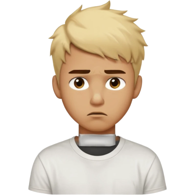 caramel skin color. Teen age. Short buzz, messy blonde hair, dark brown bushy eyebrows large expressive golden-brown eyes, brown skin color, scar over nose, wearing a plain white t-shirt. 20 year old male. Disappointed thinking facial expression. caramel skin color.  emoji