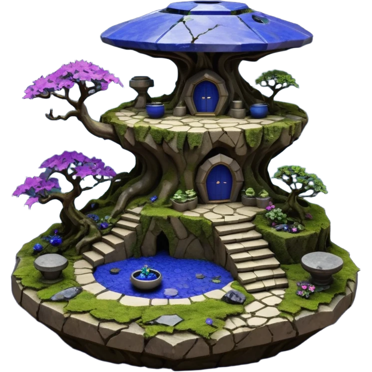  Alien saucer-castle jungle winding trail mountainside getaway haunted nighttime hobbit landscape antique mudman very old broken cracked intricate Stone Age lapis-crusted irregular dodecagon-shaped shallow dark moss rough bark violet flowered maple bonsai Saikei coffee table-sized pot  emoji
