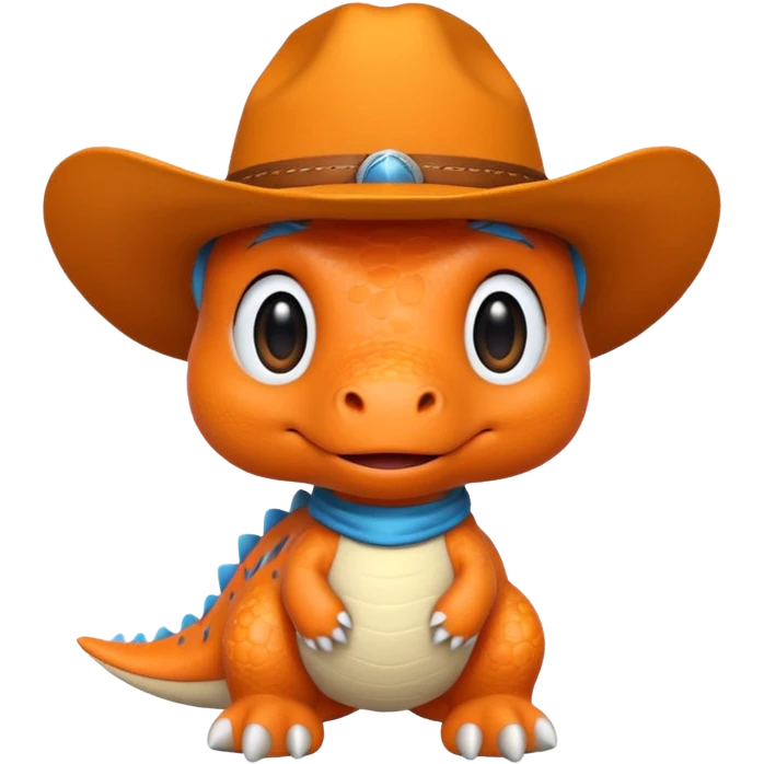 A emoji of a small dino plushie that's orange with a cowboy hat emoji