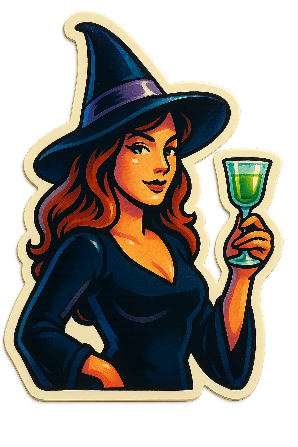 A sticker of a female witch with a glass of absinthe emoji