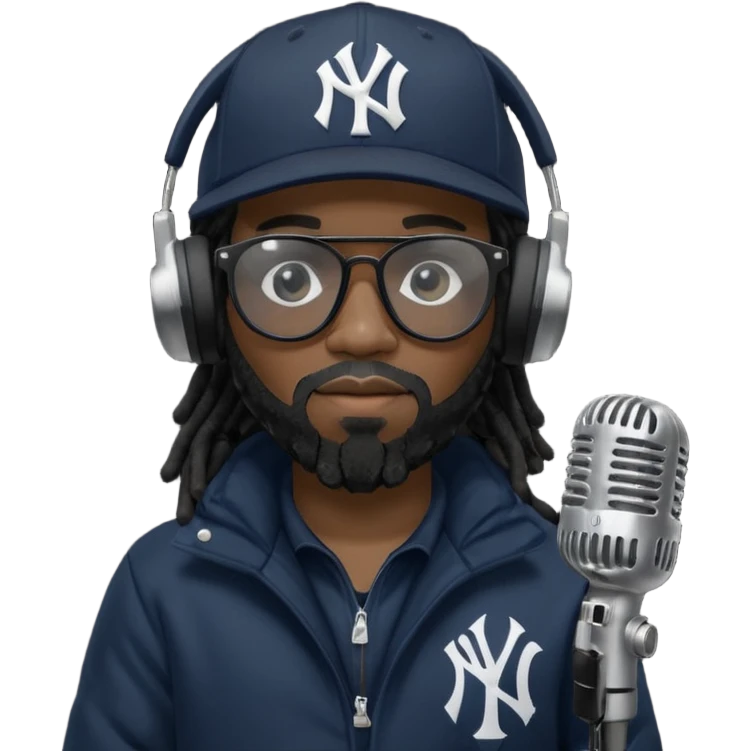 African American man with shoulder length black dreadlocks with black beard wearing black sunglasses wearing a New York Yankees logo baseball cap wearing a all dark black bubble winter coat wearing headphones rapping into recording studio microphone with a mic cover emoji