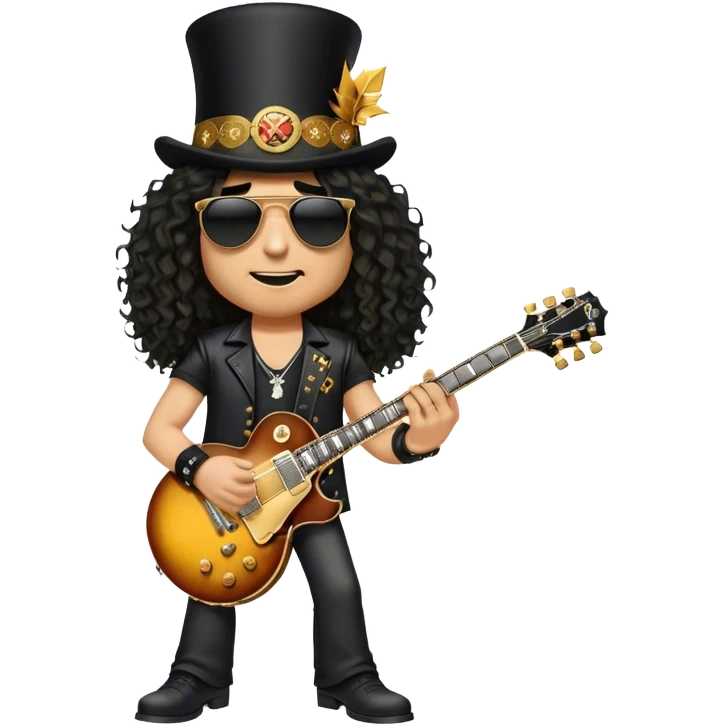 Create a rockstar emoji representing Slash from Guns'n Roses with his iconic Gibson Les Paul guitar. The design should feature Slash with his signature top hat, long curly hair, and sunglasses, holding the iconic Gibson Les Paul guitar. The guitar should be prominently displayed with its classic sunburst finish and gold hardware. Add subtle stage elements like a microphone stand and electric guitar cables to reflect the live performance energy. Use rich, dark colors like black, gold, and sunburst wood tones to convey the classic rock vibe. The background should be transparent.  emoji