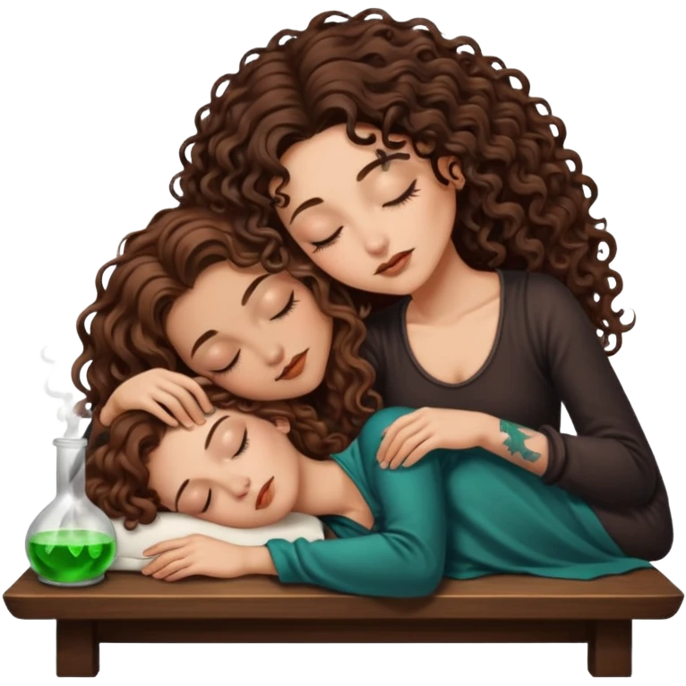 potion lab nap — long wavy brown hair tattooed woman and short tight curly brown hair woman — asleep at alchemy table emoji
