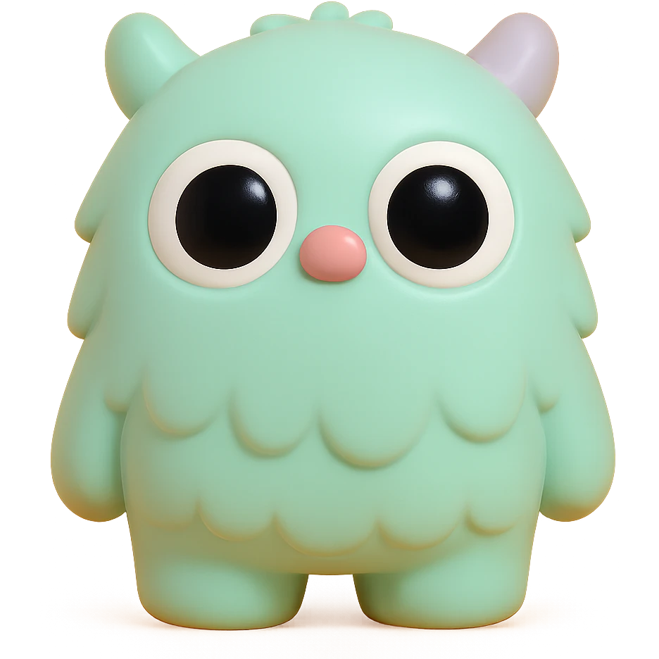 fluffy monster with soft fur texture, big round eyes, small ears, pastel color palette, toy-like emoji