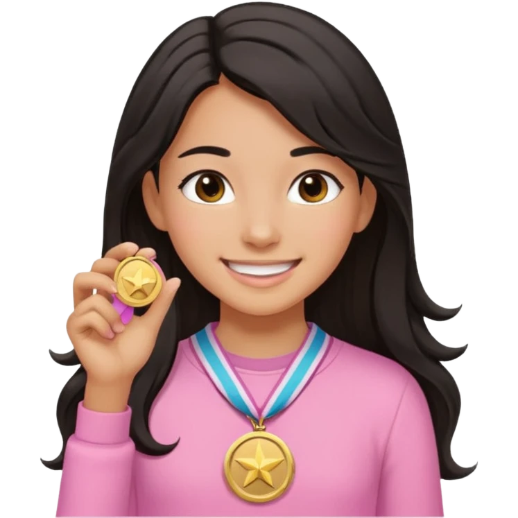black haired girl wearing pastel pink with one medal, remove any hats, make her smile, make her hair longer, make her tan. no blue please and i said one medal only emoji