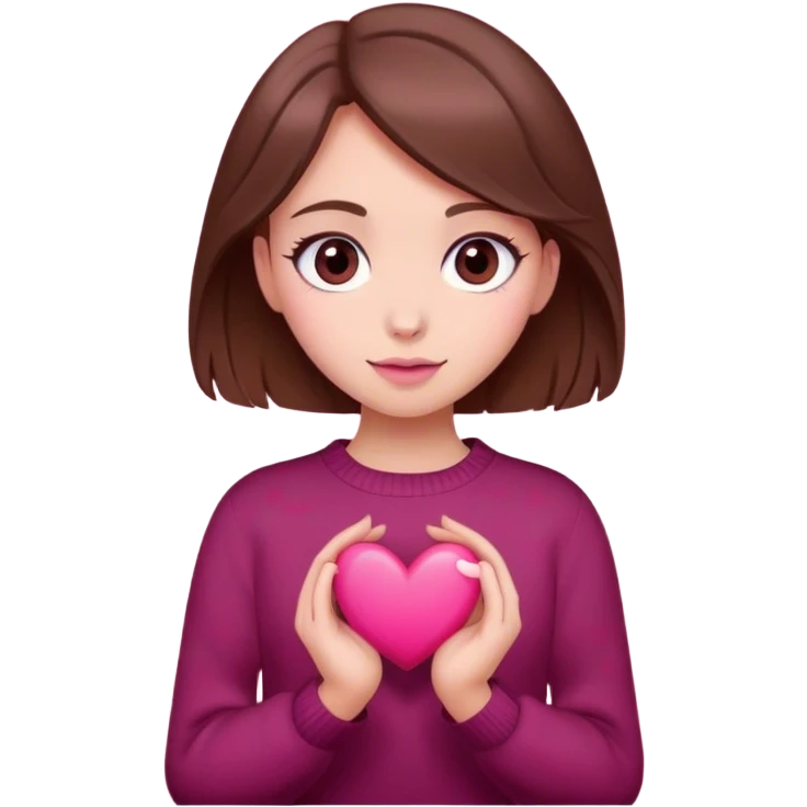 A girl with brown hair smiles, gray eyes, wearing a burgundy sweater, holding a pink heart in her hands  emoji