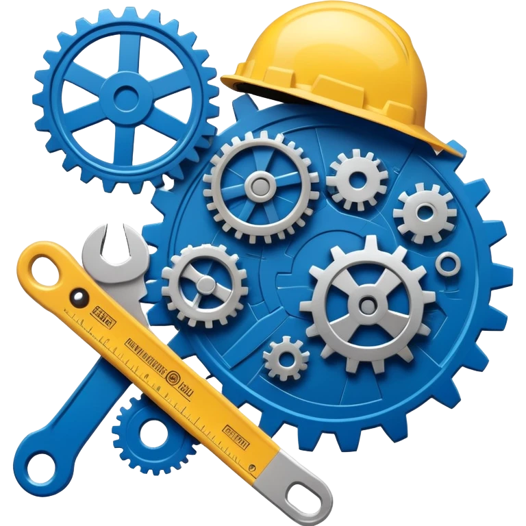 An icon featuring a gear, a wrench, and a blueprint, symbolizing engineering. The design includes a hard hat, a circuit board, and a ruler, representing problem-solving, design, and technological innovation across various engineering fields. Transparent background emoji